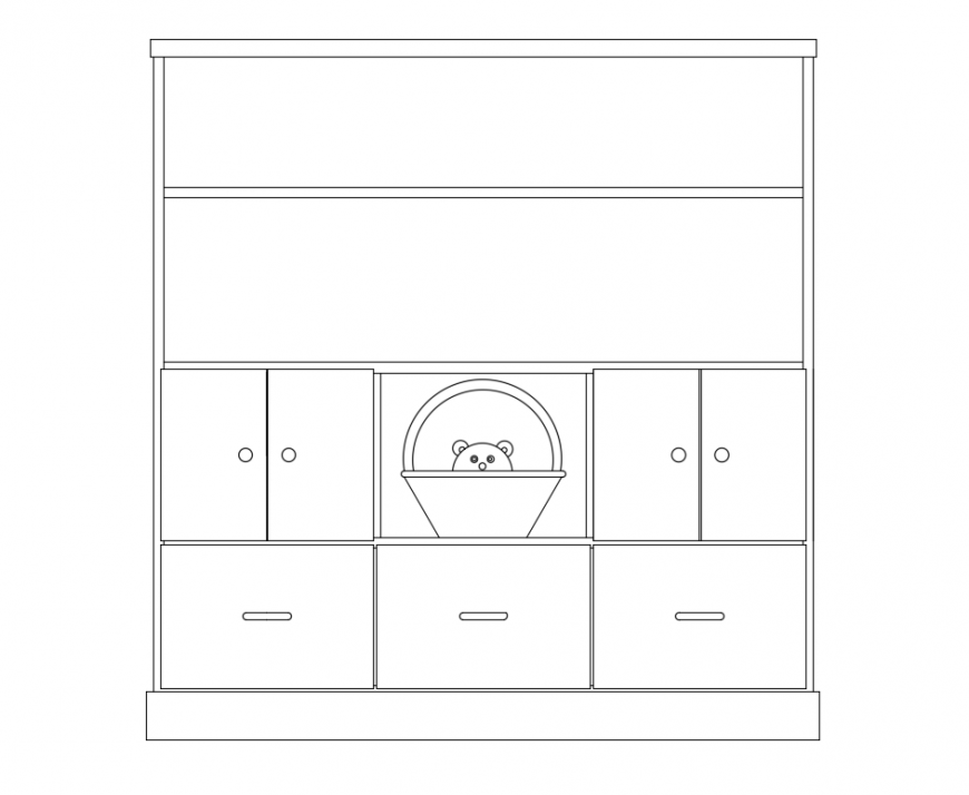 Bookcase with kids wardrobe front view layout DWG design file