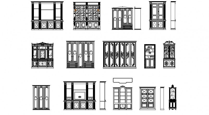 Bookshelves furniture 2d front elevation detail dwg file