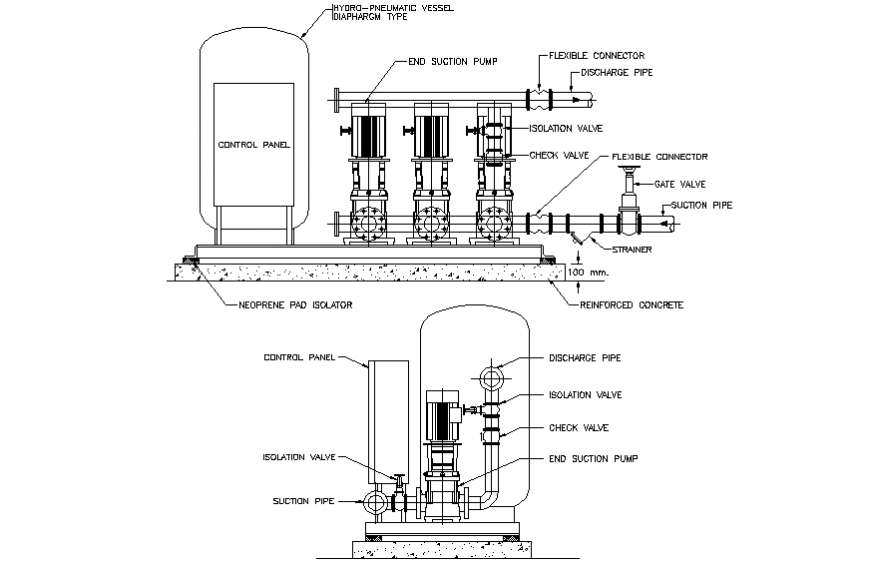Booster water pump electric installation and plumbing details dwg file
