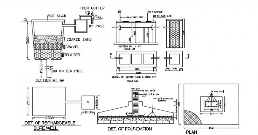 Bore well foundation plan, section and plumbing structure details for apartment building dwg file