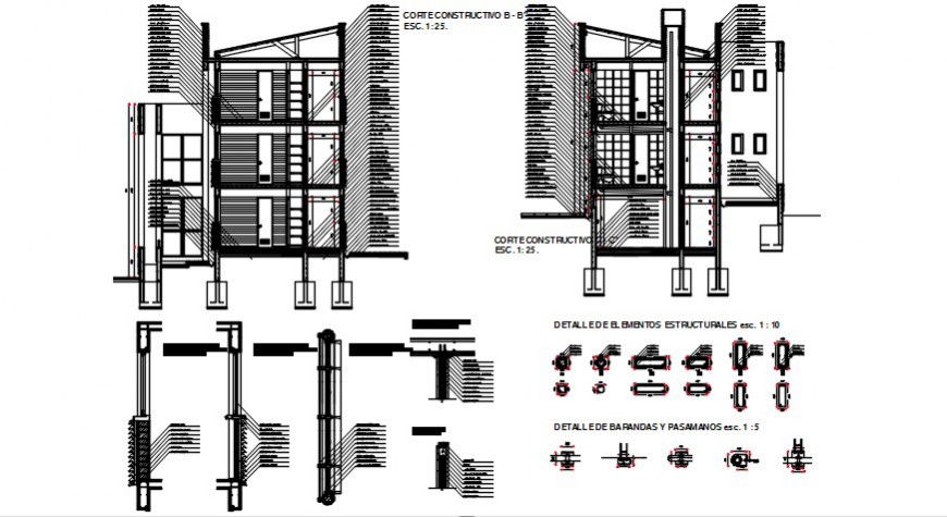 Both side facade constructive section details of house dwg file