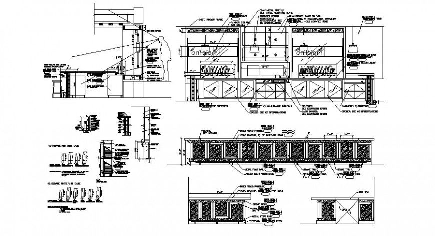 Bottle bar cabinet section, plan and carpentry details of restaurant dwg file
