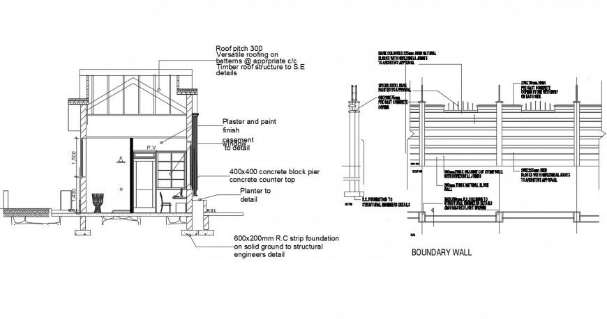 Boundary wall and constructive sectional details of guard house dwg file
