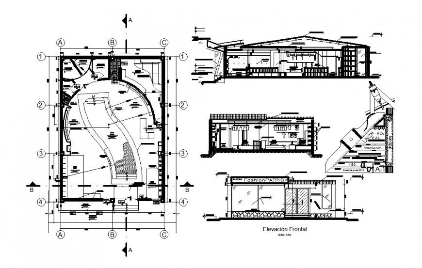 Boutique store elevation, section, floor plan and auto-cad drawing details dwg file