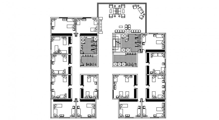 Boys hotel architecture layout plan with furniture drawing details dwg file