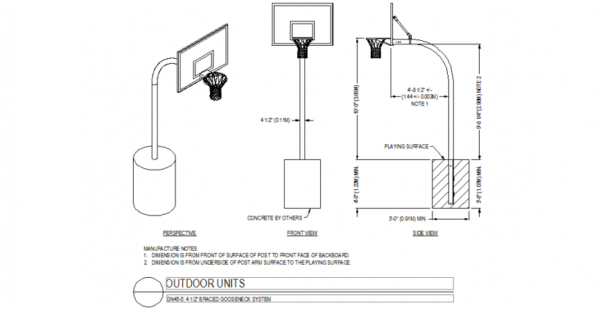 Braced gooseneck system for outdoor system design with basketball design dwg file