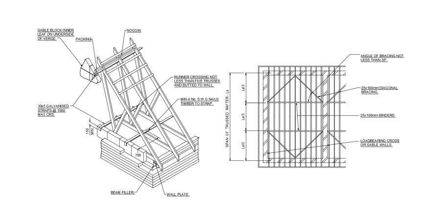 Bracing for Ceiling Ties section and structure details dwg file