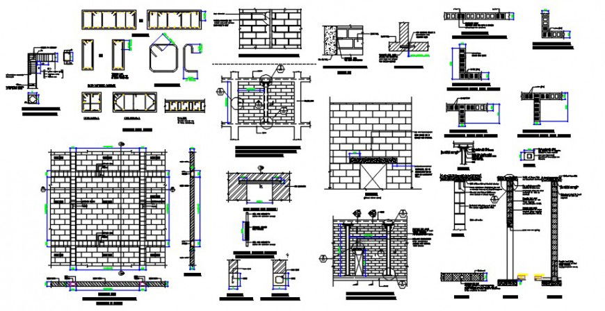 Brick masonry and reinforcement detailing in structure drawings 2d view dwg file
