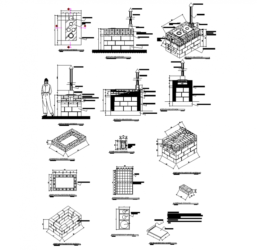 Brick masonry construction detailing 2d view layout file in dwg format