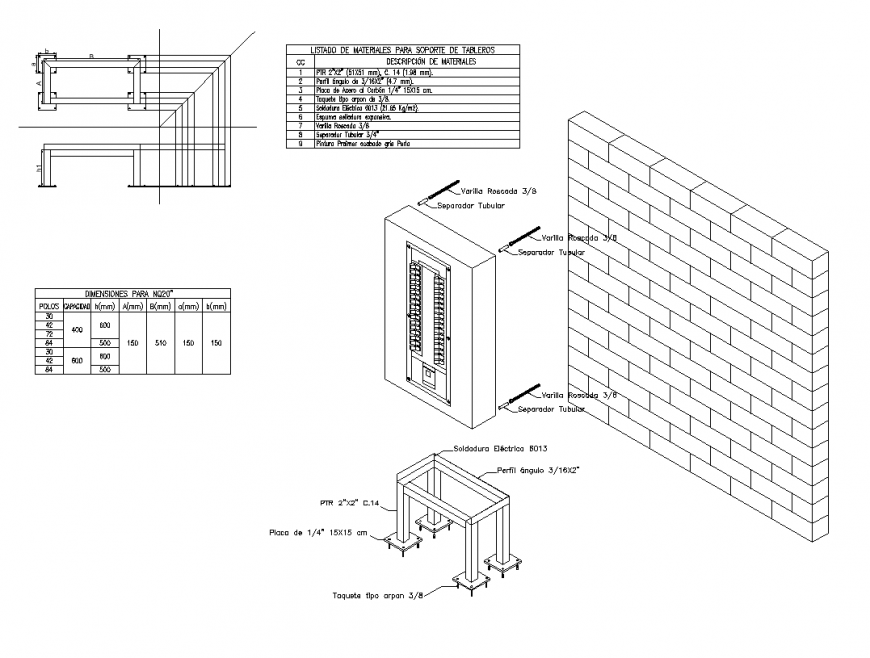 Brick masonry wall and electrical system detail elevation 2d view layout autocad file