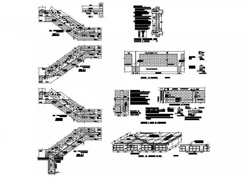 Brick masonry wall and staircase construction block 2d view autocad file