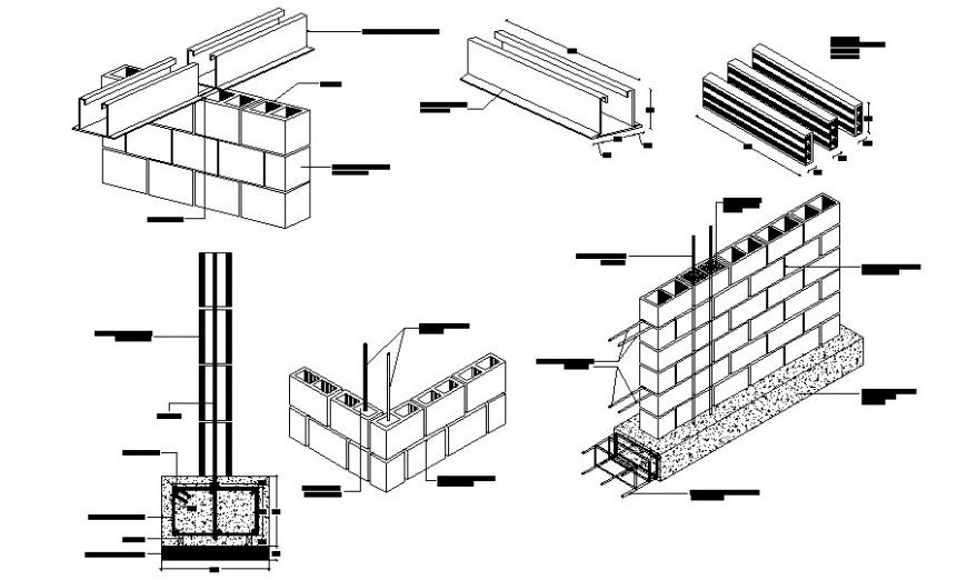 Brick masonry wall and structural blocks details in autocad