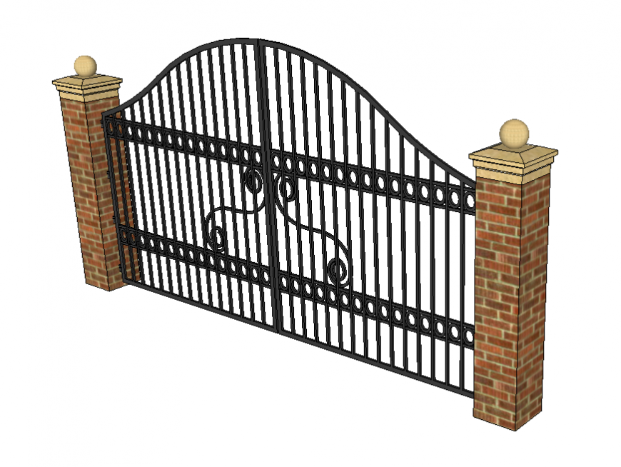 Brick pier and entrance gates detail 3d model elevation Sketchup file