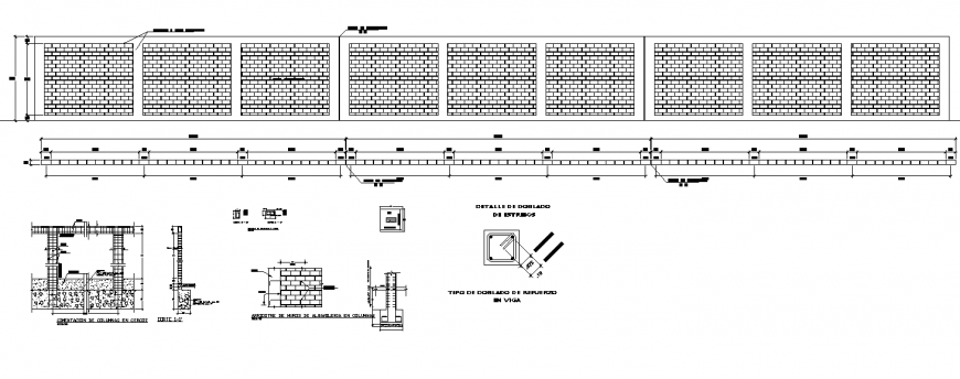 Brick wall and column detail elevation and section 2d view layout autocad file
