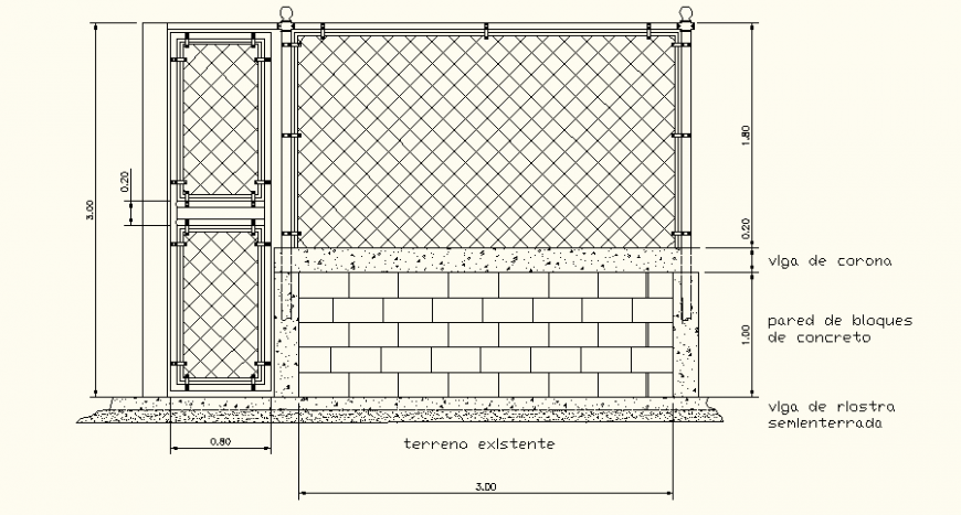Brick wall and grill detail elevation and plan dwg file