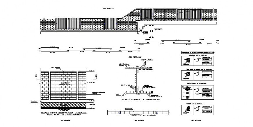Brick wall construction and gate and fence installation cad drawing details dwg file