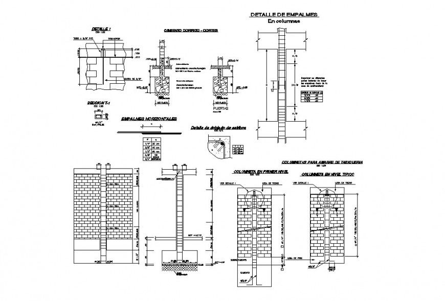 Brick wall construction details with foundation and column dwg file