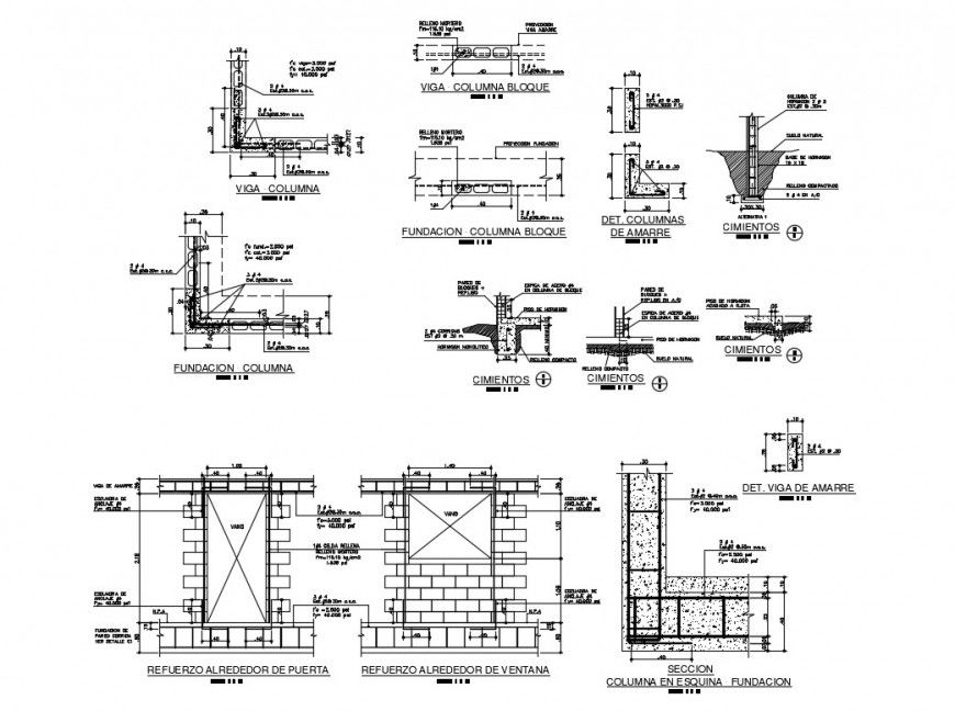 Brick wall construction with column and foundation details dwg file