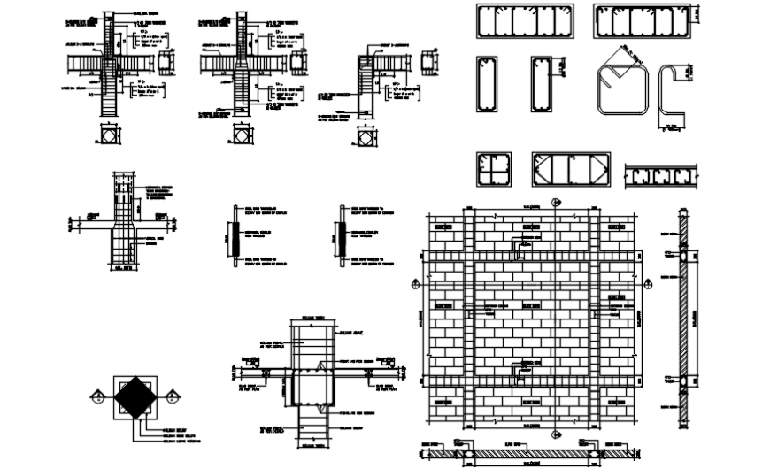 Brick wall constructive section with column and footings dwg file