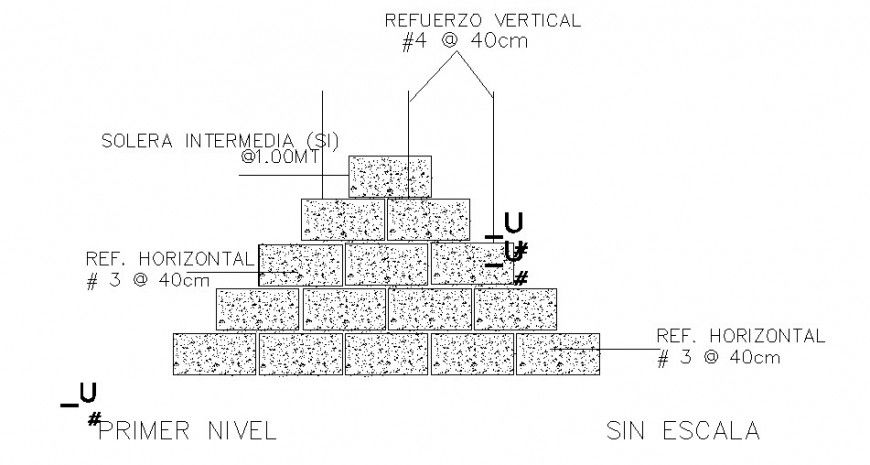 Brick wall front constructive section cad drawing details dwg file