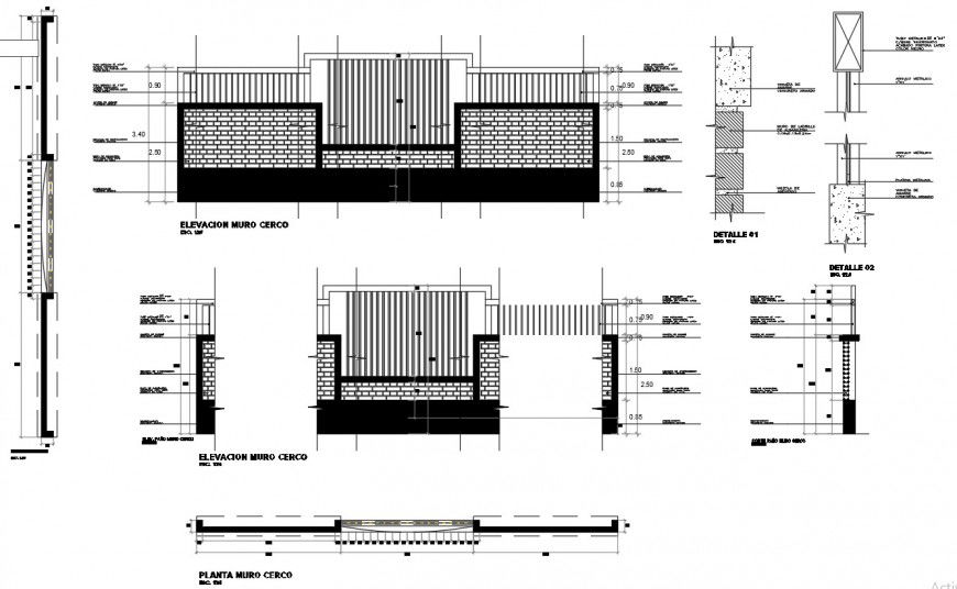 Brick wall joint metallic gate plan and section detail dwg file