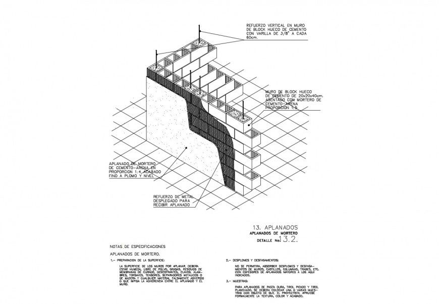 Brick wall section and constructive structure cad drawing details dwg file