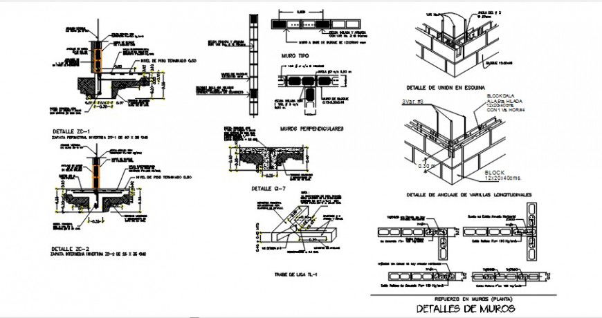Brick wall sections, framing and construction details for house dwg file