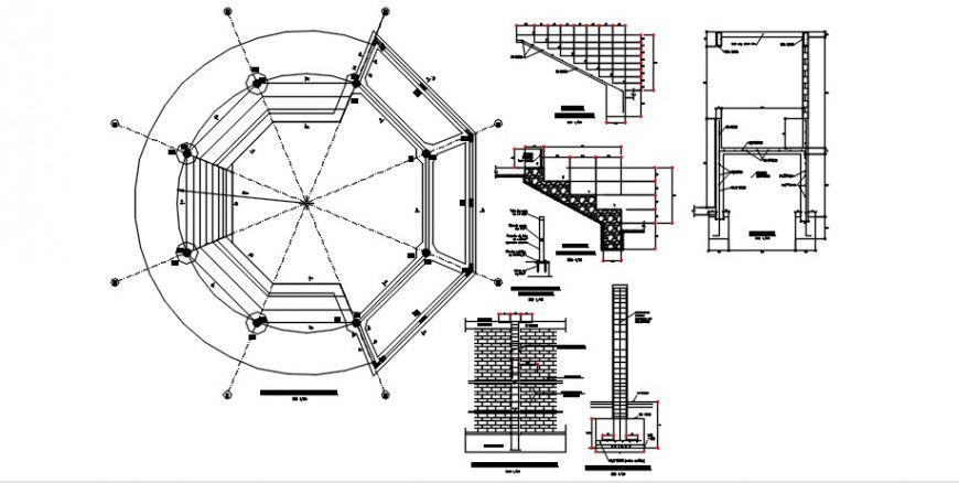 Brick wall structure, staircase and construction details for theater dwg file