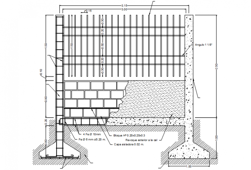 Brick wall with fence section and construction drawing details dwg file