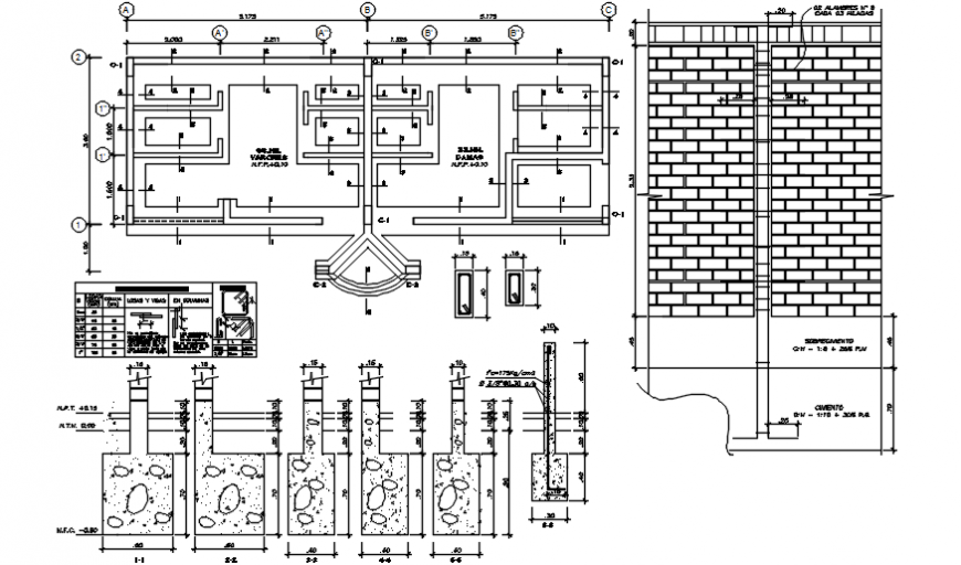 Brick walls, footing and constructive structure drawing details of sports center dwg file