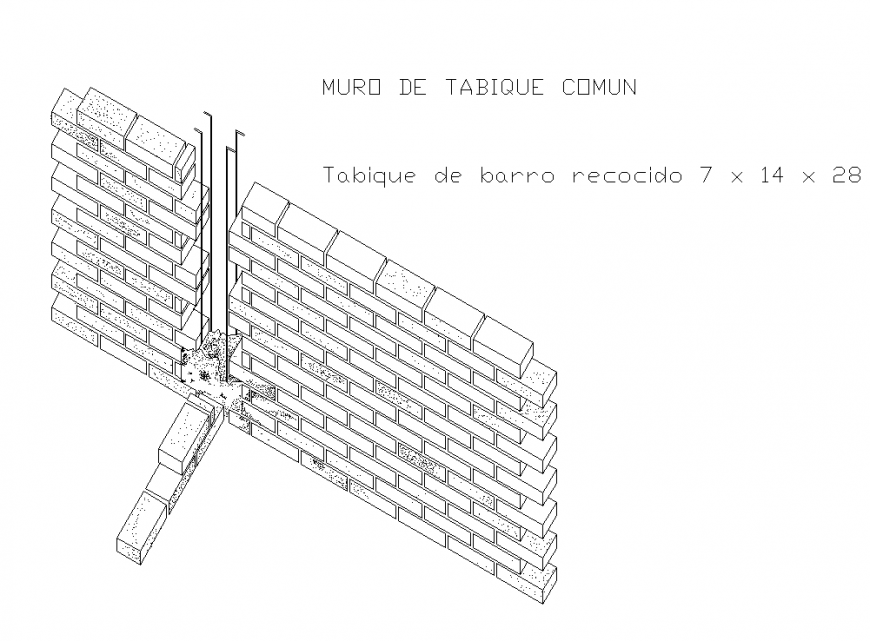 Bricks wall construction detail 2d view layout dwg file