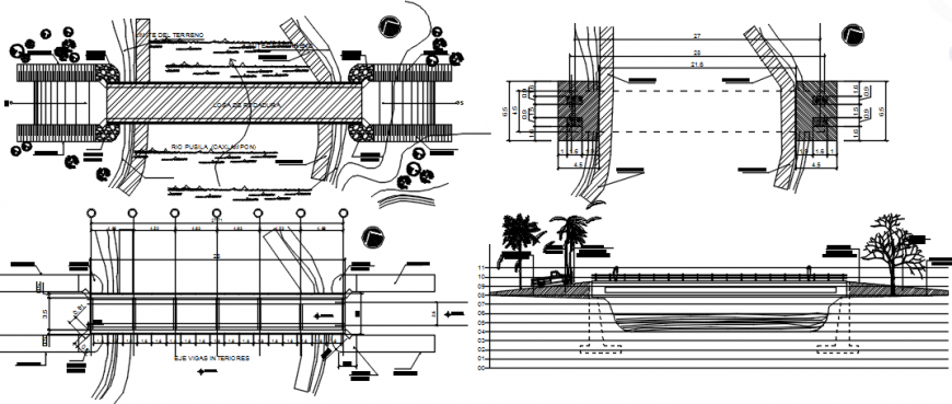 Bridge all sided and top view sections and constructive structure drawing details dwg file