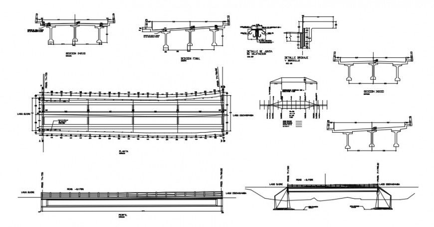 Bridge all sided section, plan and construction drawing details dwg file