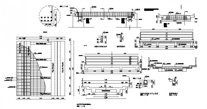 Bridge all sided sections, plan and construction drawing details dwg file