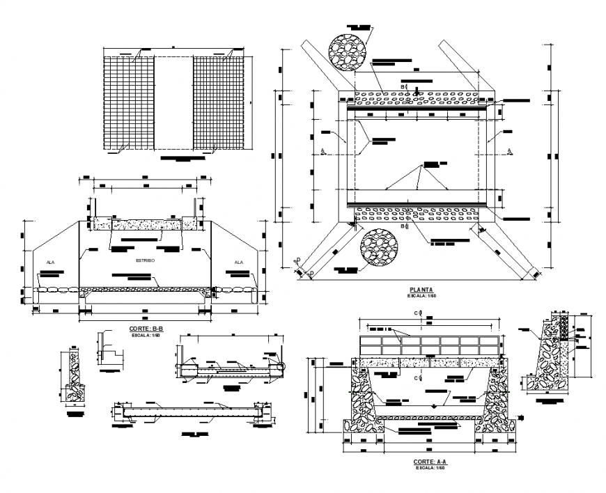 Bridge construction detail elevation, plan and section 2d view layout dwg file
