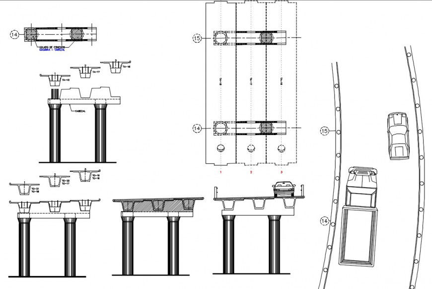 Bridge cut sections, plan and constructive structure drawing details dwg file