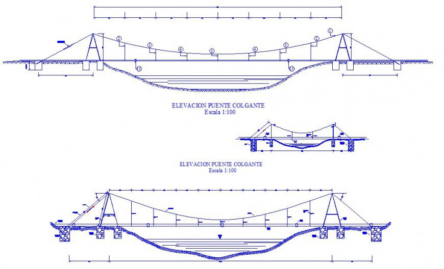 Bridge elevation, constructive section and construction cad drawing details dwg file