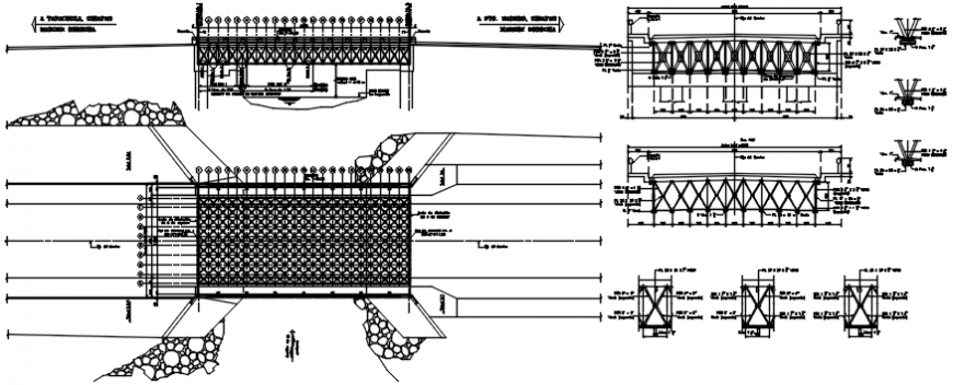 Bridge elevation, section, plan and constructive structure details dwg file
