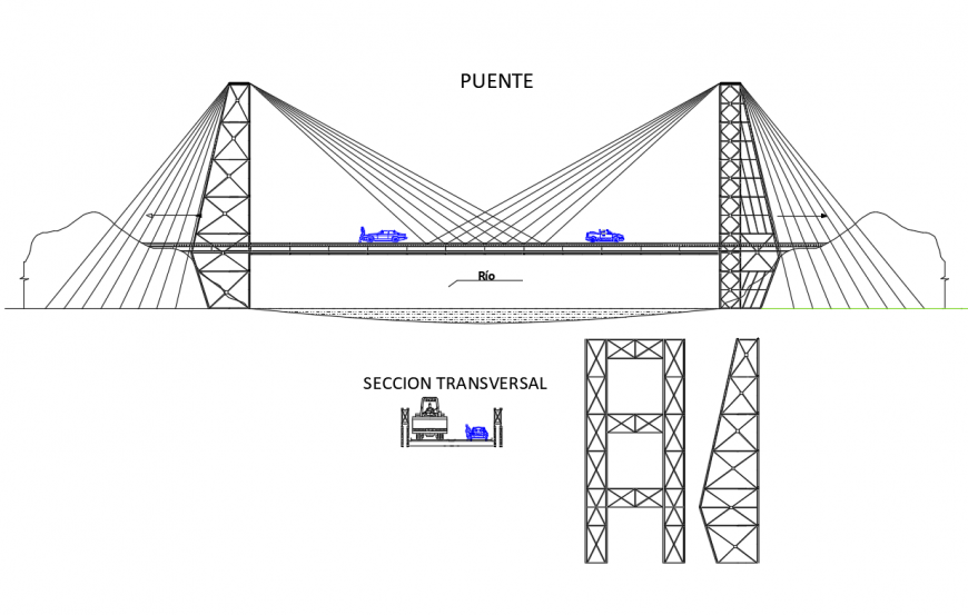 Bridge elevation and transverse sectional cad drawing details dwg file