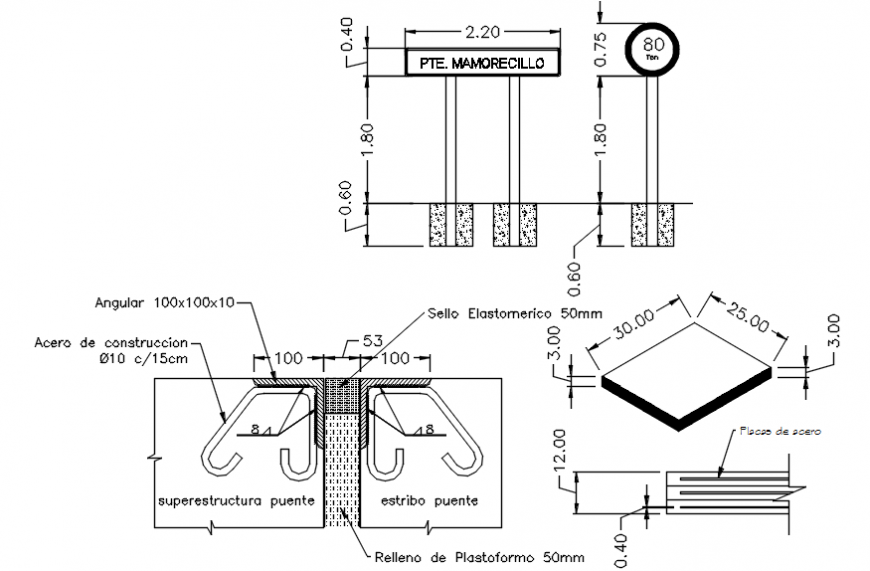 Bridge footings, floor and construction drawing details dwg file