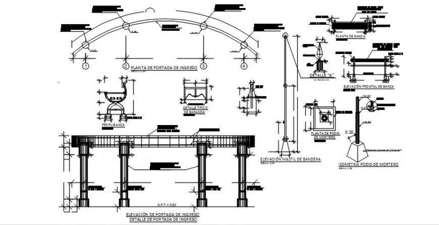 Bridge for garden section, plan and constructive structure details dwg file