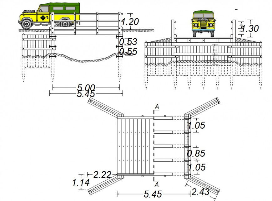 Bridge for vehicle all sided section and construction drawing details dwg file