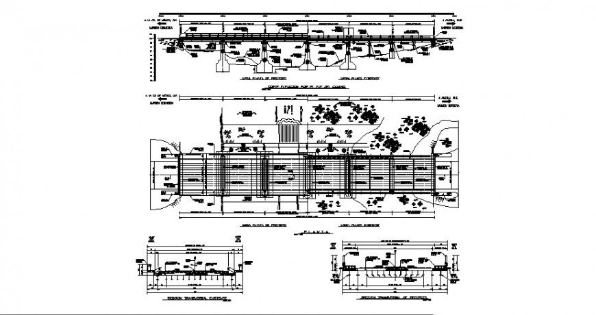 Bridge section, transverse section, plan and construction cad drawing details dwg file