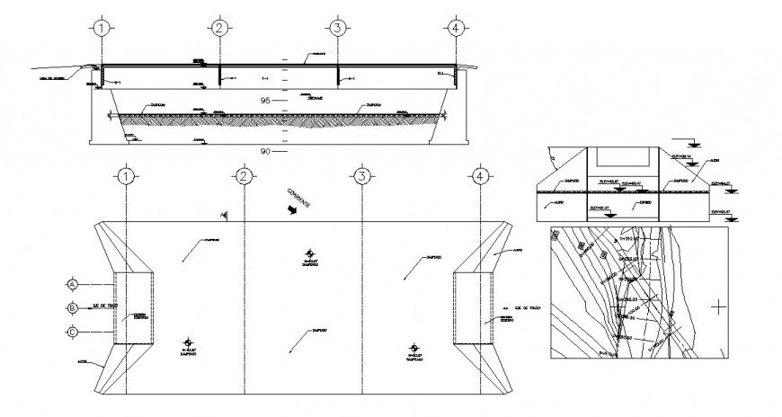 Bridge side and top view constructive section drawing details dwg file