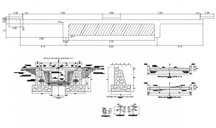 Bridge structure elevation and section layout 2d view dwg file