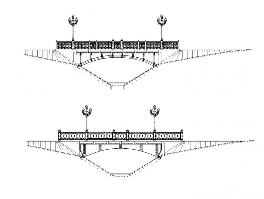 Bridge with street lights elevation plan dwg file