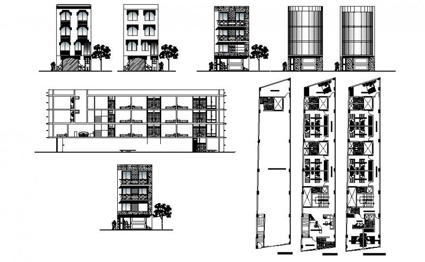 Building apartment drawings details plan elevation and section dwg file