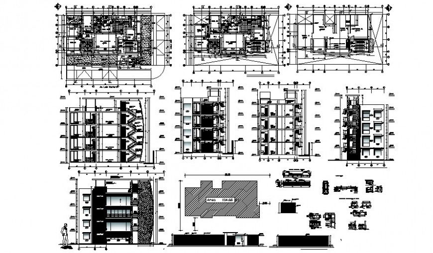 Building apartment elevation plan and section dwg file