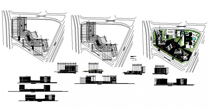 Building area plan, elevation and sectional 2d drawing in dwg format