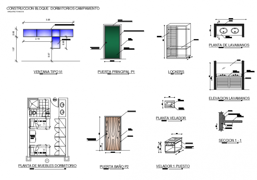 Building block bedroom camp furniture layout and interior details dwg file